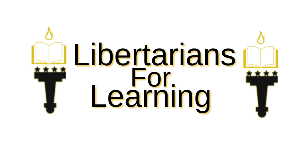 Two torches of illuminated books on either side of "Libertarians for Learning"