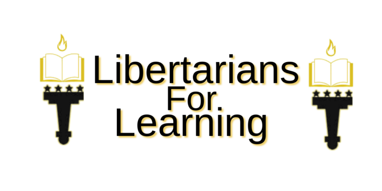 Two torches of illuminated books on either side of "Libertarians for Learning"